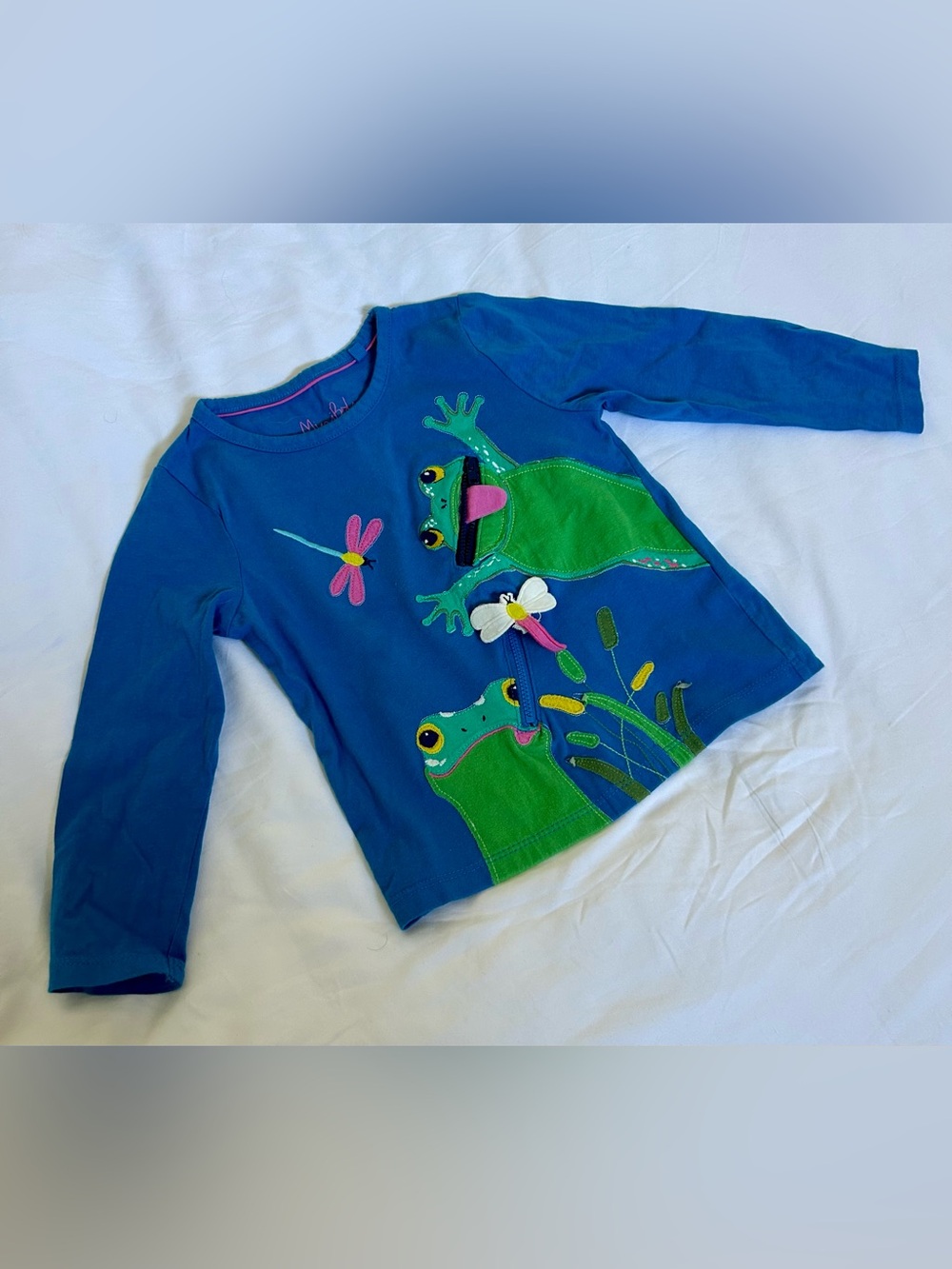 Mini Boden Frog Appliqué Zip-Front Top — Size 3–4Y 🐸🌸